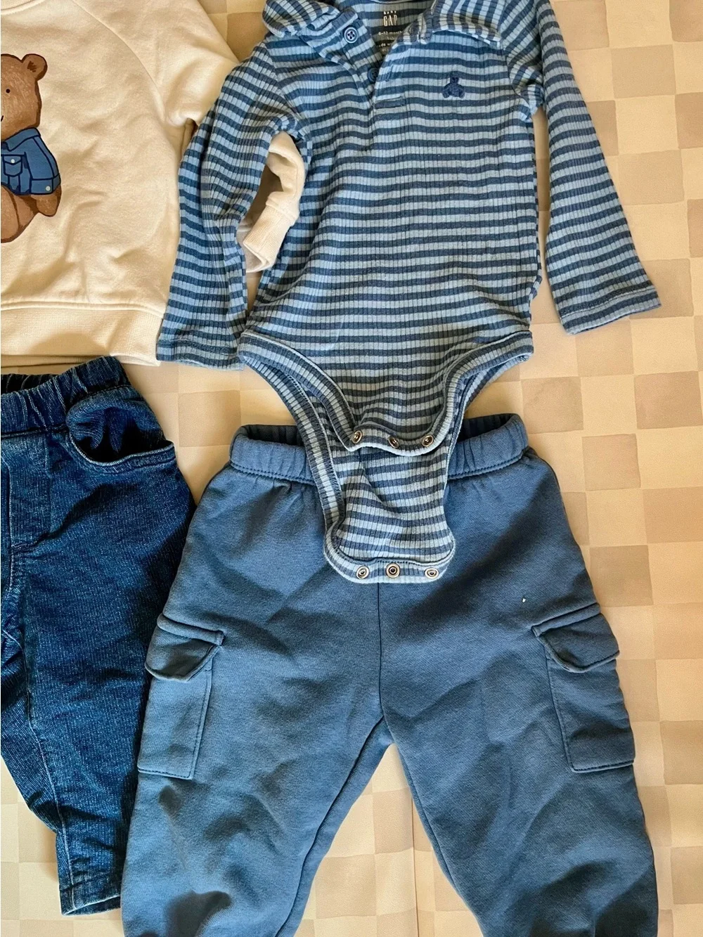 NWOT 3 Baby Gap matching sets - Blue sweatshirts, sweatpants, jeans, onesie